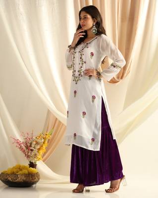 Shades chikankari kota kurti with purple and green work 1