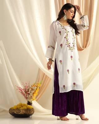 Shades chikankari kota kurti with purple and green work 3