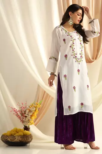 Shades chikankari kota kurti with purple and green work