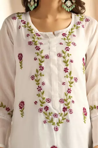 Shades chikankari kota kurti with purple and green work