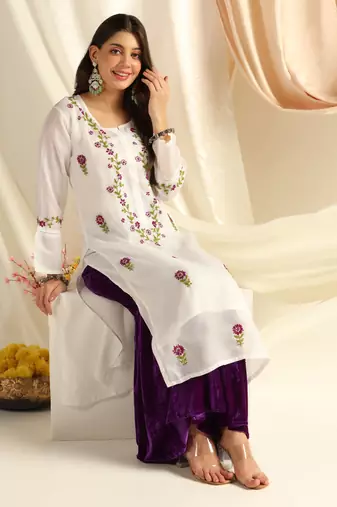 Shades chikankari kota kurti with purple and green work