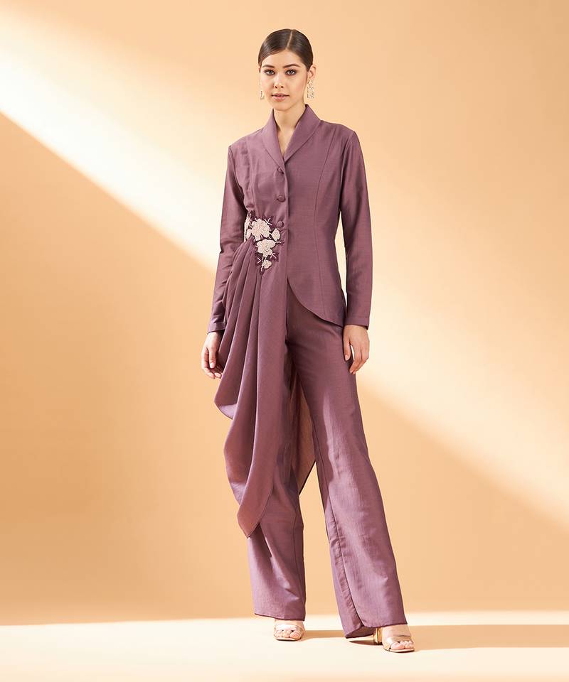 Cowl draped blazer cord set