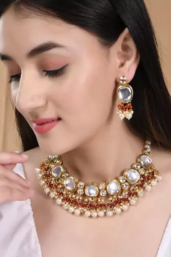 Gold plated pearl kundan jewellery set