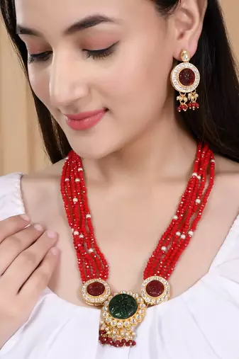 Gold plated beads meenakari jewellery set