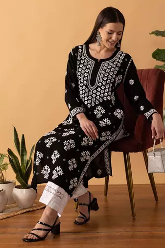 Hand Embroidered Black Modal Lucknowi Chikankari Indian Women Straight Kurta
