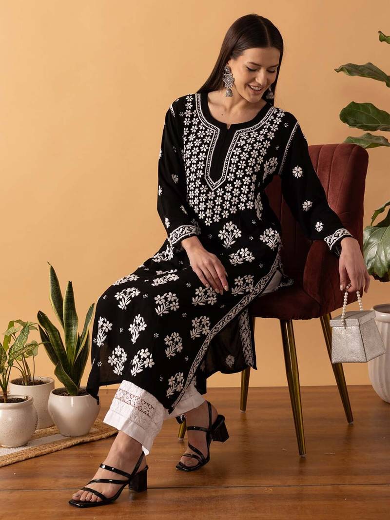 Hand Embroidered Black Modal Lucknowi Chikankari Indian Women Straight Kurta