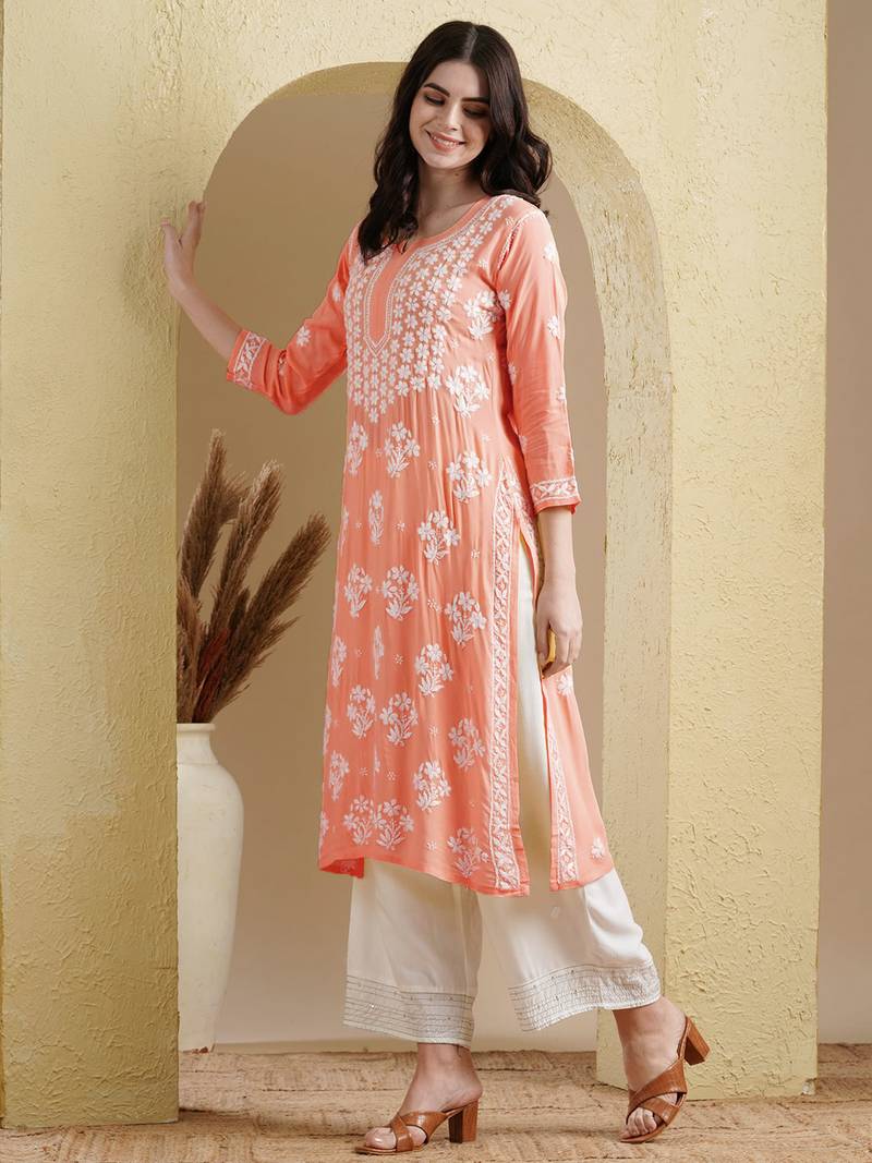 Ada Hand Embroidered Peach Modal Lucknowi Chikankari Indian Women Straight Kurta - A411533