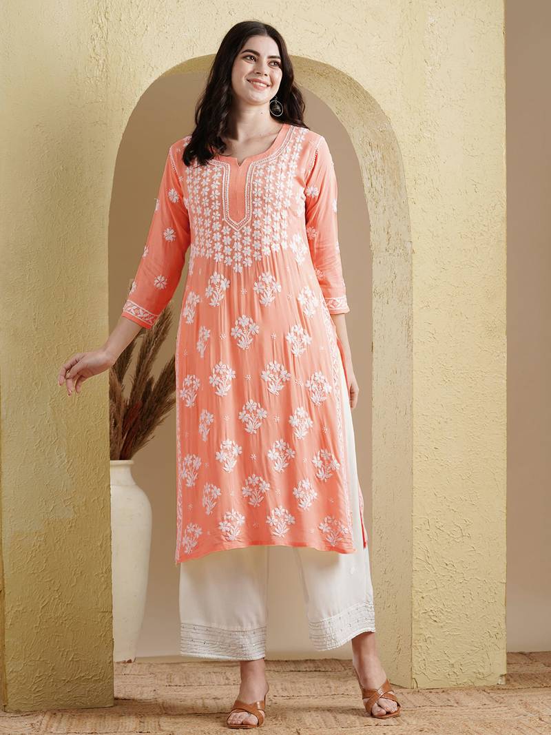 Ada Hand Embroidered Peach Modal Lucknowi Chikankari Indian Women Straight Kurta - A411533