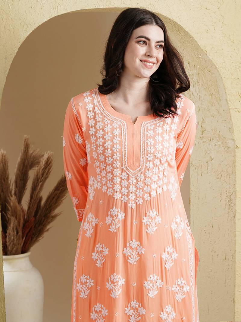 Ada Hand Embroidered Peach Modal Lucknowi Chikankari Indian Women Straight Kurta - A411533