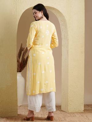 Ada Hand Embroidered Yellow Modal Lucknowi Chikankari Indian Women Straight Kurta - A411534 4