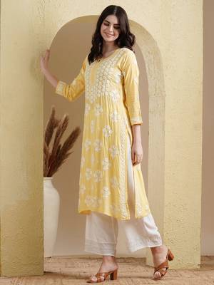 Ada Hand Embroidered Yellow Modal Lucknowi Chikankari Indian Women Straight Kurta - A411534 5