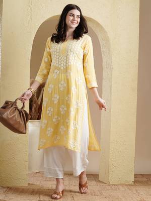 Ada Hand Embroidered Yellow Modal Lucknowi Chikankari Indian Women Straight Kurta - A411534 6