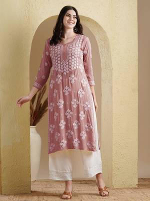 Ada Hand Embroidered Dusty Pink Modal Lucknowi Chikankari Women Indian Straight Kurta - A411535 3