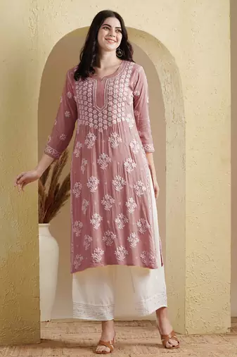 Ada Hand Embroidered Dusty Pink Modal Lucknowi Chikankari Women Indian Straight Kurta - A411535