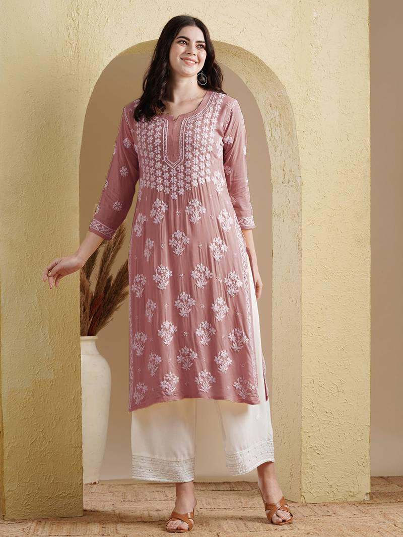 Ada Hand Embroidered Dusty Pink Modal Lucknowi Chikankari Women Indian Straight Kurta - A411535