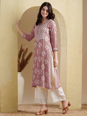 Ada Hand Embroidered Dusty Pink Modal Lucknowi Chikankari Women Indian Straight Kurta - A411535 4
