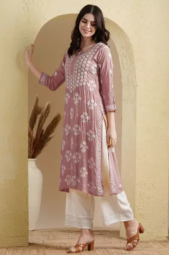 Ada Hand Embroidered Dusty Pink Modal Lucknowi Chikankari Women Indian Straight Kurta - A411535