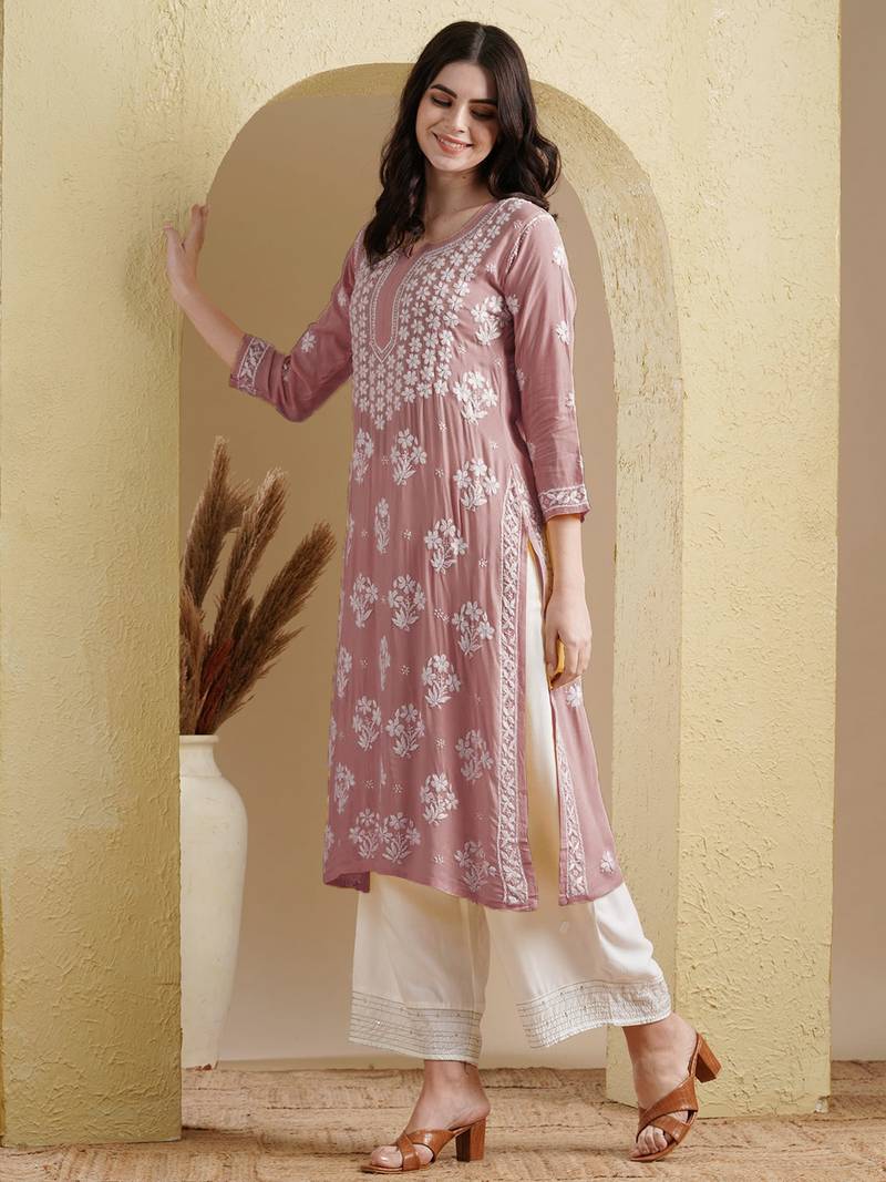 Ada Hand Embroidered Dusty Pink Modal Lucknowi Chikankari Women Indian Straight Kurta - A411535