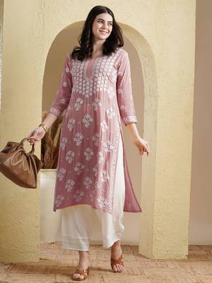 Ada Hand Embroidered Dusty Pink Modal Lucknowi Chikankari Women Indian Straight Kurta - A411535 5