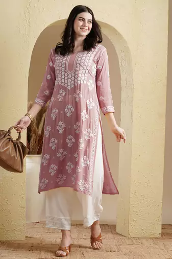 Ada Hand Embroidered Dusty Pink Modal Lucknowi Chikankari Women Indian Straight Kurta - A411535