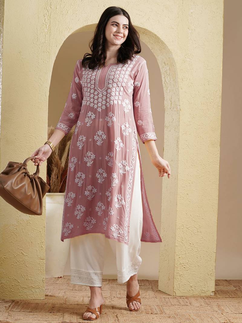 Ada Hand Embroidered Dusty Pink Modal Lucknowi Chikankari Women Indian Straight Kurta - A411535