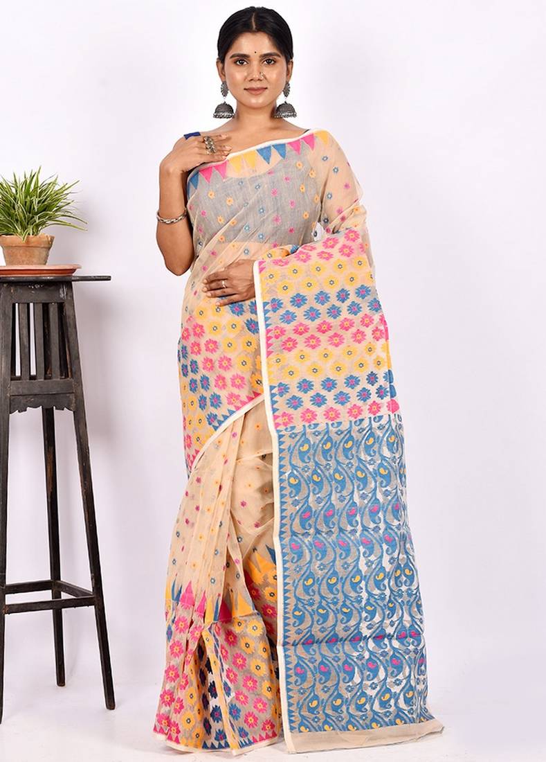 Cream Tant Jamdani Saree Without Blouse Piece
