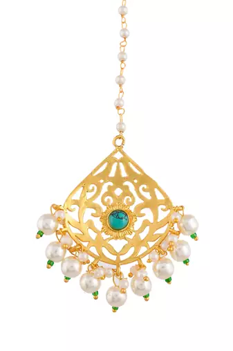 Gold plated handcrafted pearl maang tikka