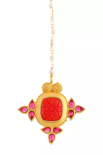 Gold plated red floral ethnic maang tikka