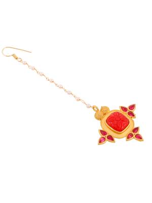 Gold plated red floral ethnic maang tikka 4