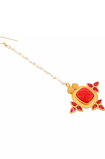 Gold plated red floral ethnic maang tikka