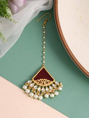 Gold plated pearl red stone maang tikka 1
