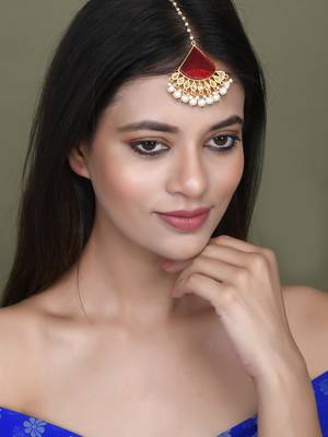 Gold plated pearl red stone maang tikka 2
