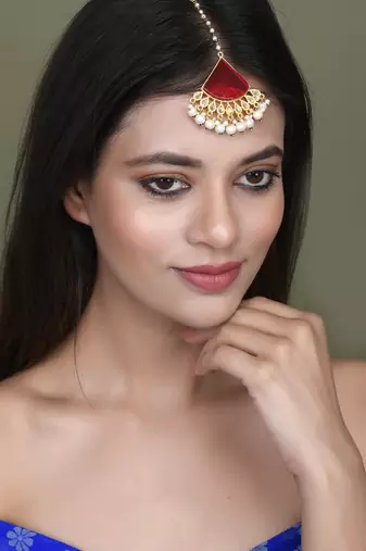Gold plated pearl red stone maang tikka