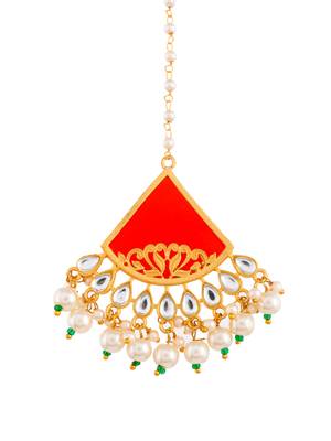 Gold plated pearl red stone maang tikka 3