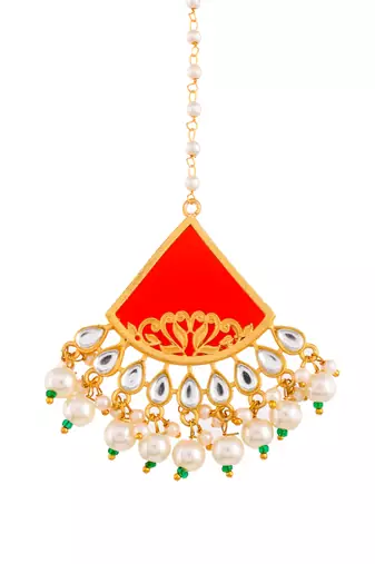 Gold plated pearl red stone maang tikka