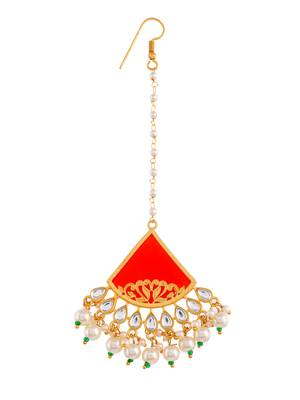 Gold plated pearl red stone maang tikka 4