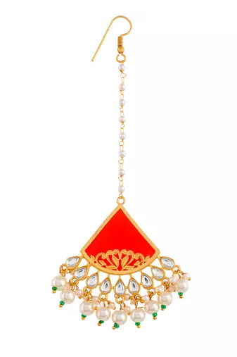 Gold plated pearl red stone maang tikka
