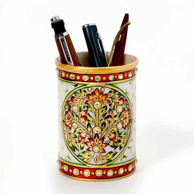 Golden Meenakari Gem Studded Jali Marble Pen Stand 377