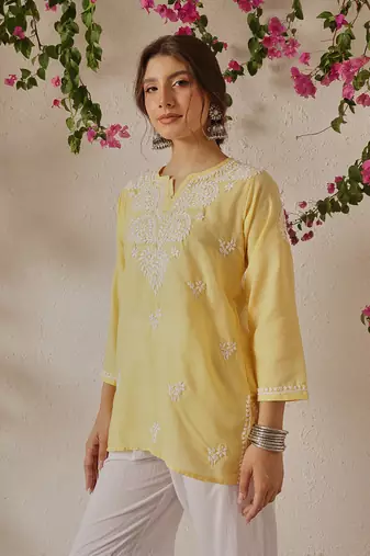 Hand Embroidered Yellow Cotton Lucknowi Chikankari Indian Women Kurti