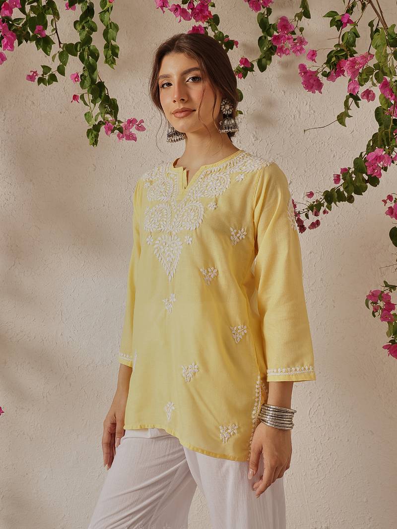 Hand Embroidered Yellow Cotton Lucknowi Chikankari Indian Women Kurti