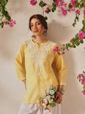 Hand Embroidered Yellow Cotton Lucknowi Chikankari Indian Women Kurti 4