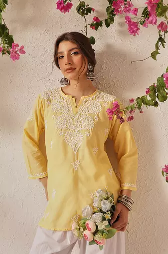 Hand Embroidered Yellow Cotton Lucknowi Chikankari Indian Women Kurti