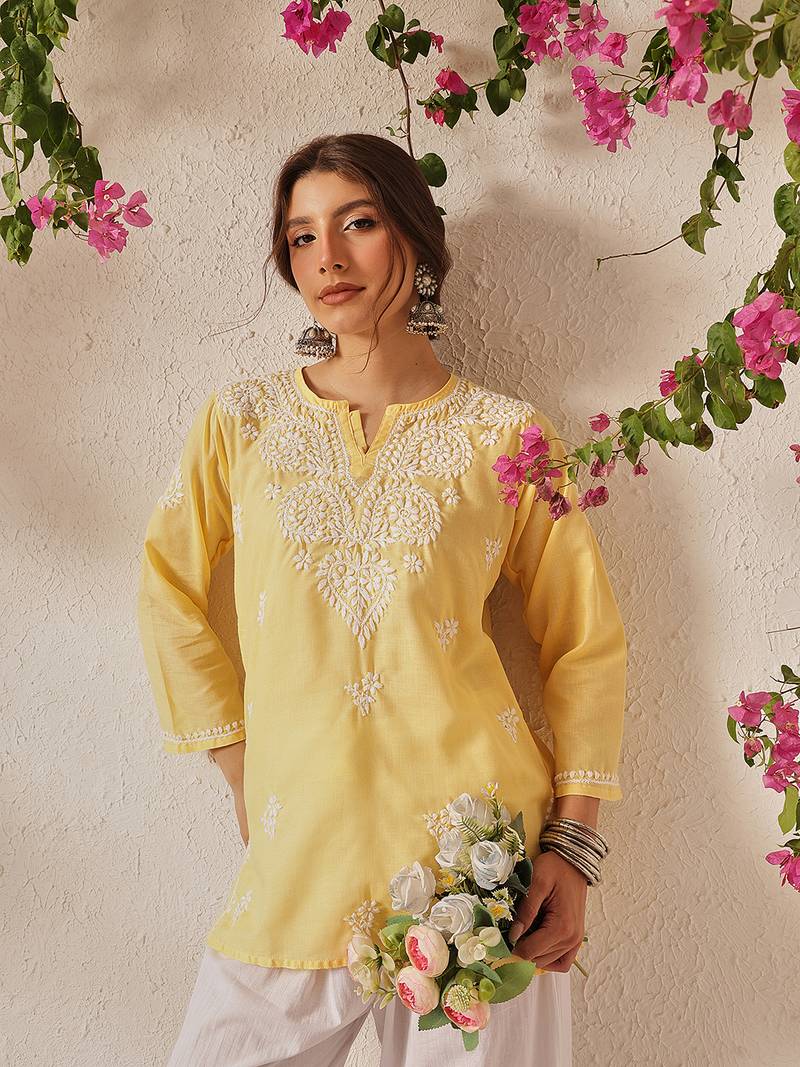 Hand Embroidered Yellow Cotton Lucknowi Chikankari Indian Women Kurti