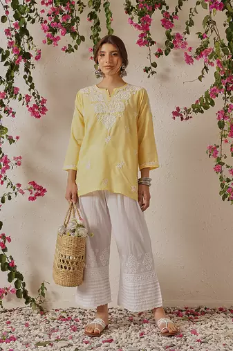 Hand Embroidered Yellow Cotton Lucknowi Chikankari Indian Women Kurti