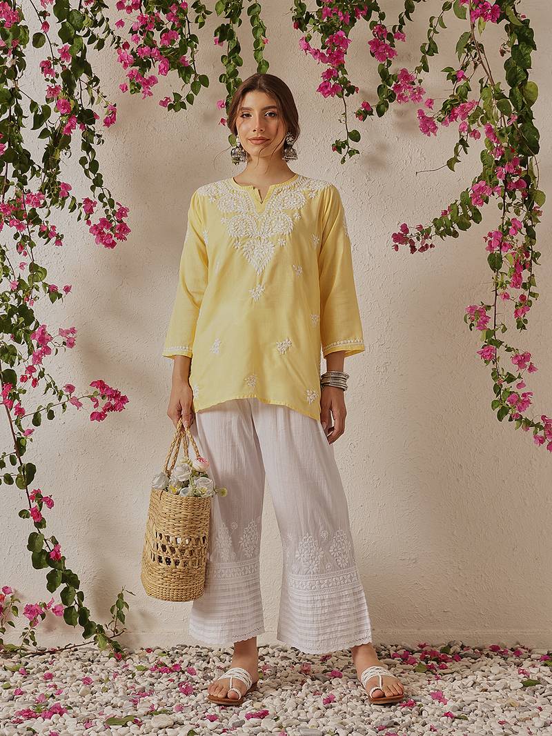 Hand Embroidered Yellow Cotton Lucknowi Chikankari Indian Women Kurti