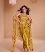 Mustard color satin silk embroidered stitched designer suit
