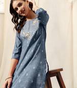 Dusty blue cotton blend woven mirror embroidery kurta for women