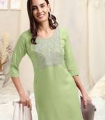 Pista green, white rayon sequins embroidery, plain pattern kurta for women