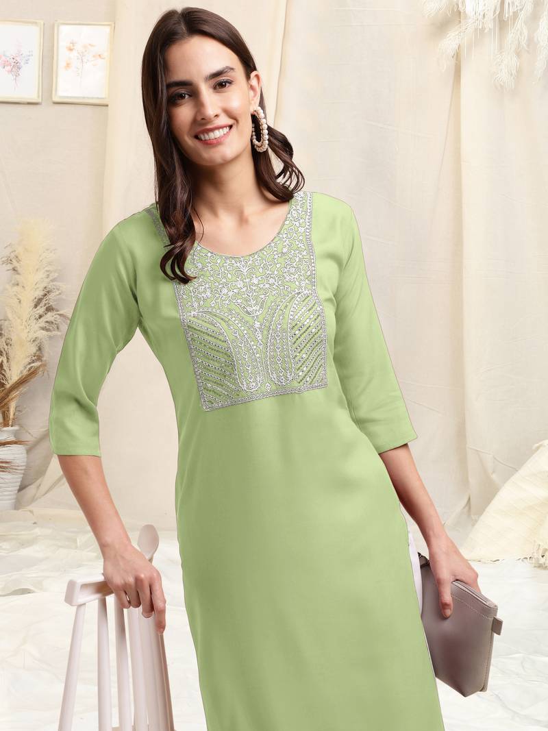 Pista green, white rayon sequins embroidery, plain pattern kurta for women