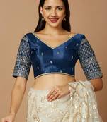 SALWAR STUDIO Women's Navy Blue Embroidered Saree Blouse